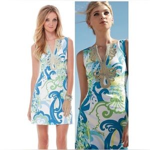 Lilly Pulitzer Janice Shift Dress Blue Green Gold Print Size 2
